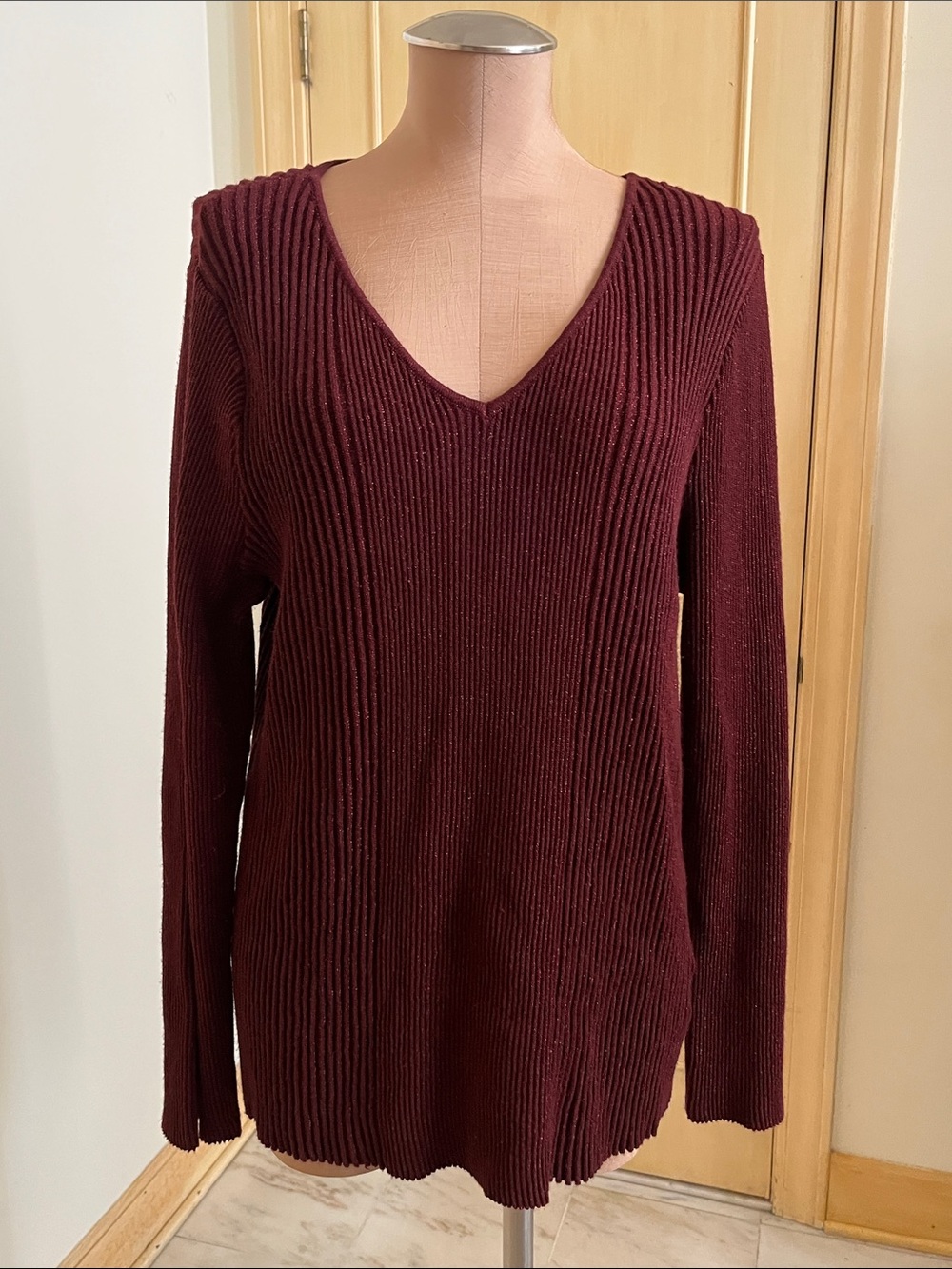 ALFANI Holiday Career Party Burgundy Metallic V-Neck Ribbed Long SLV Sweater XXL